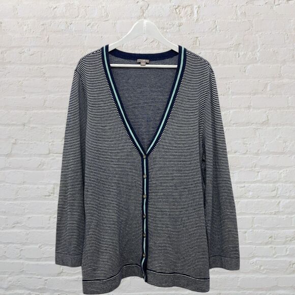 โจ J.Jill Striped Cardigan XL ๐ Black Wool Blend Button Front V-Neck ๐ - Picture 2 of 15